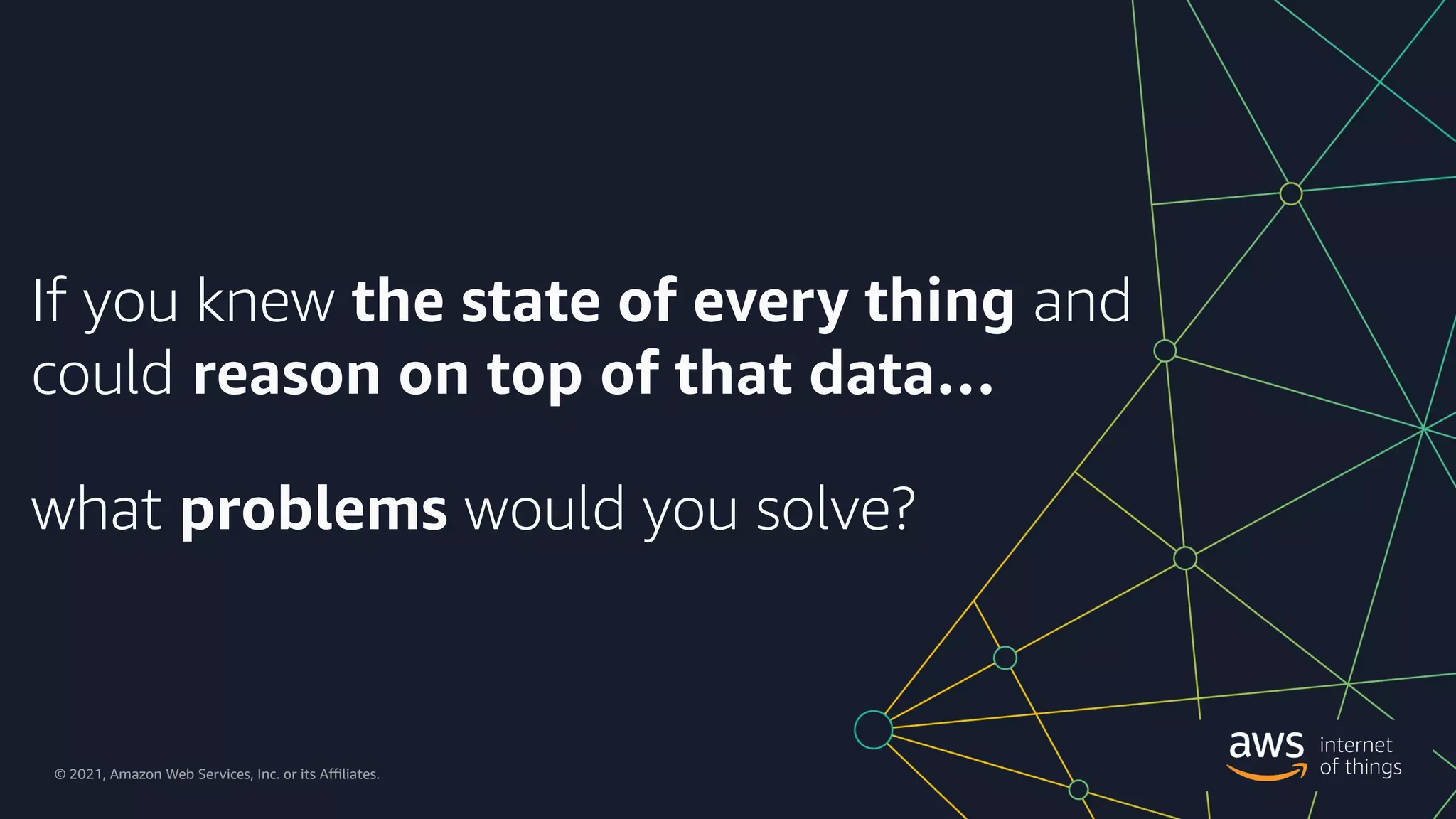 © 2021, Amazon Web Services, Inc. or its a9liates. All rights reserved.
© 2021, Amazon Web Services, Inc. or its A9liates.
If you knew the state of every thing and
could reason on top of that data…
what problems would you solve?
 