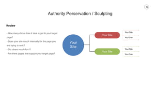46
Authority Perservation / Sculpting
- How many clicks does it take to get to your target
page?
- Does your site vouch internally for the page you
are trying to rank?
- Do others vouch for it?
- Are there pages that support your target page?
Your
Site
Your Site
Your Site
Your Site
Your Site
Your Site
Your Site
Review
 