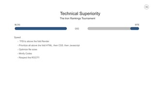 61
Technical Superiority
The Iron Rankings Tournament
BLOG SITE
Speed
- TFB to above the fold Render
- Prioritize all above the fold HTML, then CSS, then Javascript
- Optimize file sizes
- Minify Codes
- Respect the ROOT!!
 