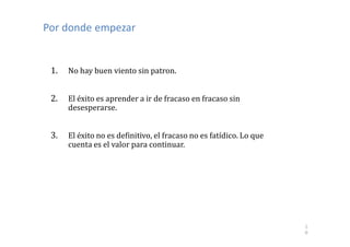 Por donde empezar


 1.   No hay buen viento sin patron.


 2.   El éxito es aprender a ir de fracaso en fracaso sin
      desesperarse.


 3.   El éxito no es definitivo, el fracaso no es fatídico. Lo que
      cuenta es el valor para continuar.




                                                                     1
                                                                     0
 
