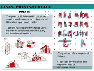 LINES, POINTS,SURFACE
•The point or 26 follies red in colour are
based upon deconstructed cubes placed
120 meters apart in grid pattern.
•Tschumi has designed the follies using
the rules of transformation without any
functional considerations.
•They act as reference points to
visitors.
•They lack any meaning and
display of idea of
deconstructivism.
POINTS
 