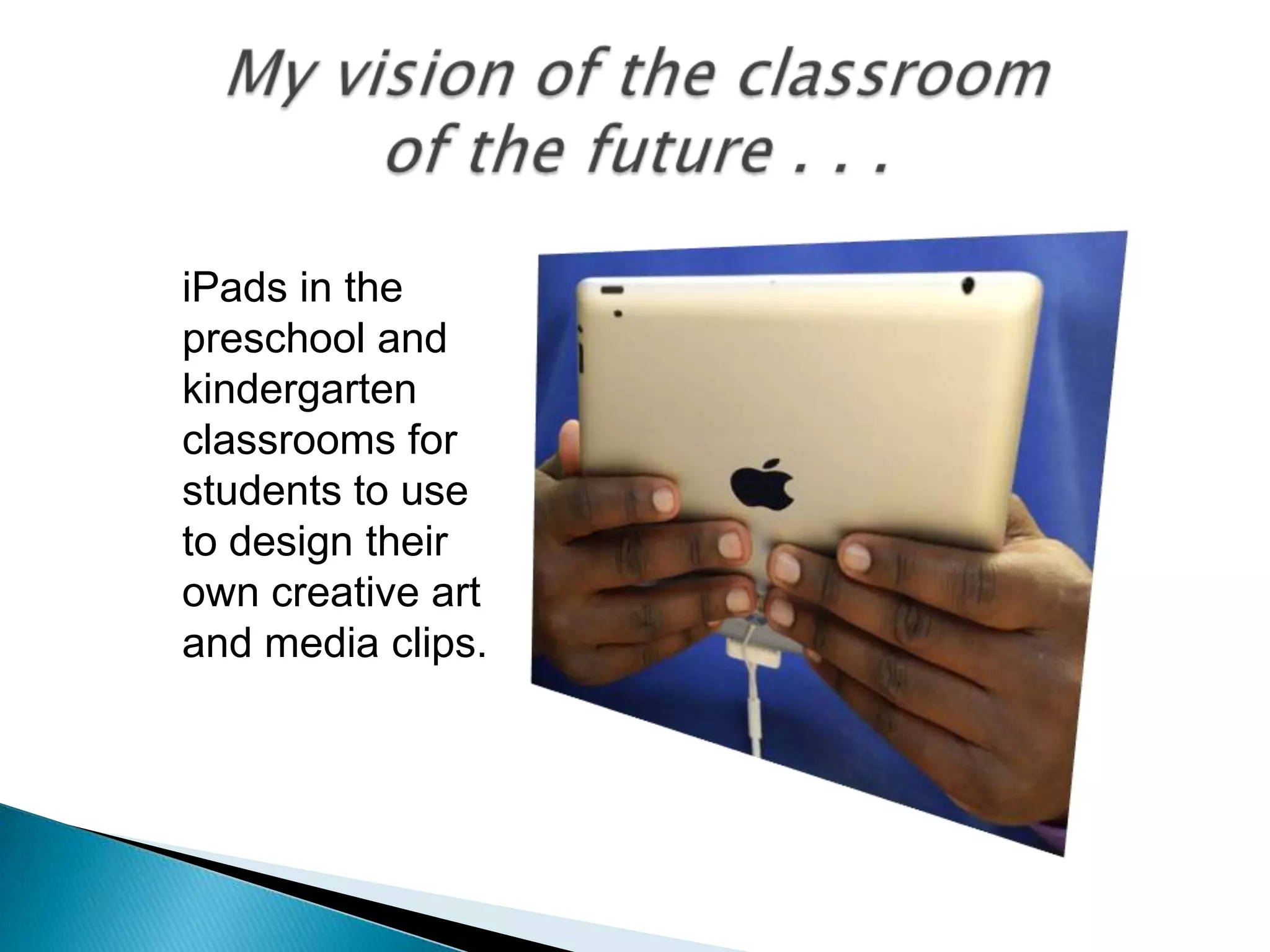 iPads in the
preschool and
kindergarten
classrooms for
students to use
to design their
own creative art
and media clips.
 