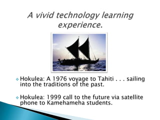  Hokulea: A 1976 voyage to Tahiti . . . sailing
 into the traditions of the past.

 Hokulea:1999 call to the future via satellite
 phone to Kamehameha students.
 