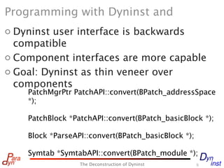 Programming with Dyninst and
o Dyninst user interface is backwards
  compatible
o Component interfaces are more capable
o Goal: Dyninst as thin veneer over
  components
    PatchMgrPtr PatchAPI::convert(BPatch_addressSpace
    *);

    PatchBlock *PatchAPI::convert(BPatch_basicBlock *);

    Block *ParseAPI::convert(BPatch_basicBlock *);

    Symtab *SymtabAPI::convert(BPatch_module *);
                  The Deconstruction of Dyninst      6
 