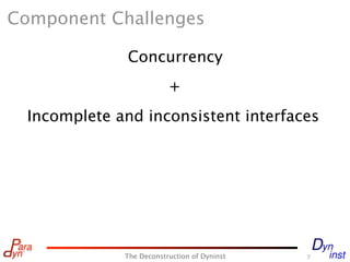 Component Challenges

               Concurrency
                          +
  Incomplete and inconsistent interfaces




              The Deconstruction of Dyninst   7
 