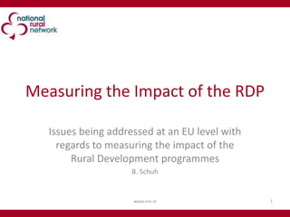 Measuring the Impact of the RDP Issues being addressed at an EU level with regards to measuring the impact of the Rural Development programmes B. Schuh 1 www.nrn.ie 