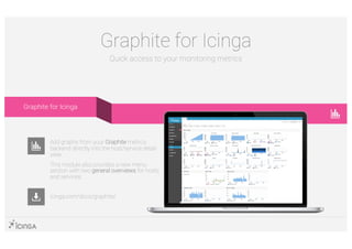 Graphite for Icinga
Quick access to your monitoring metrics
icinga.com/docs/graphite/
Add graphs from your Graphite metrics
backend directly into the host/service detail
view.
This module also provides a new menu
section with two general overviews for hosts
and services.
Graphite for Icinga
 
