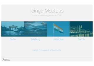 Icinga Meetups
Local community groups in 2018
JalandharSalzburgBerlin Zurich
icinga.com/events/meetups/
 