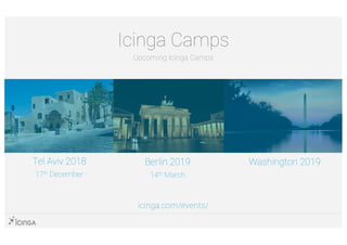 Icinga Camps
Upcoming Icinga Camps
Tel Aviv 2018
17th December
icinga.com/events/
Berlin 2019
14th March
Washington 2019
 