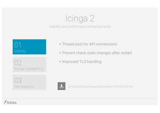 • Thread pool for API connections
• Prevent check state changes after restart
• Improved TLS handling
01
Stability
03
Namespaces
02
Syntax Highlighting
Icinga 2
Stability and performance enhancements
github.com/Icinga/icinga2/blob/master/CHANGELOG.md
 