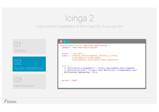01
Stability
02
Syntax Highlighting
Icinga 2
Crazy colorful visualization of the Icinga DSL if you use Vim
template Notification "mail-host-notification" {
command = "mail-host-notification"
states = [ Up, Down ]
types = [ Problem, Acknowledgement, Recovery, Custom,
FlappingStart, FlappingEnd,
DowntimeStart, DowntimeEnd, DowntimeRemoved ]
vars += {
// notification_icingaweb2url = "https://www.example.com/icingaweb2"
// notification_from = "Icinga 2 Host Monitoring <icinga@example.com>"
notification_logtosyslog = false
}
period = "24x7"
}
03
Namespaces
 