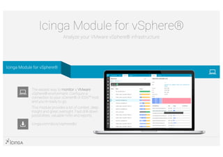 Icinga Module for vSphere®
Analyze your VMware vSphere® infrastructure
icinga.com/docs/vspheredb/
The easiest way to monitor a VMware
vSphere® environment. Configure a
connection to your vCenter® or ESXi™ host
and you're ready to go.
This module provides a lot of context, deep
insight and great oversight. Fast drill-down
possibilities, valuable hints and reports.
Icinga Module for vSphere®
 