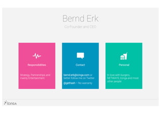 Responsibilities Contact Personal
Strategy, Partnerships and
mainly Entertainment
bernd.erk@icinga.com or
better follow me on Twitter
@gethash – No warranty
In love with burgers,
NETWAYS, Icinga and most
other people
Bernd Erk
Co-Founder and CEO
 