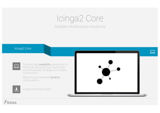 Icinga2 Core
Scalable infrastructure monitoring
icinga.com/docs/icinga2/
Combine high availability clusters with a
distributed setup, and you have a best
practice scenario for large and complex
environments.
Monitoring as code with dynamic
configurations.
Icinga2 Core
 