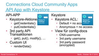 Social Connections 14 Berlin, October 16-17 2018
Connections Cloud Community Apps
API App with Keystore
API-APP
• Keystore...