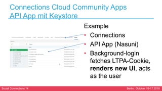 Social Connections 14 Berlin, October 16-17 2018
Connections Cloud Community Apps
API App mit Keystore
Example
• Connectio...