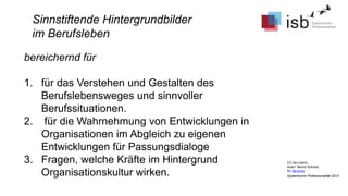 CC-by-Lizenz,
Autor: Bernd Schmid
für isb-w.eu
Systemische Professionalität 2013
bereichernd für
1. für das Verstehen und Gestalten des
Berufslebensweges und sinnvoller
Berufssituationen.
2. für die Wahrnehmung von Entwicklungen in
Organisationen im Abgleich zu eigenen
Entwicklungen für Passungsdialoge
3. Fragen, welche Kräfte im Hintergrund
Organisationskultur wirken.
Sinnstiftende Hintergrundbilder
im Berufsleben
 