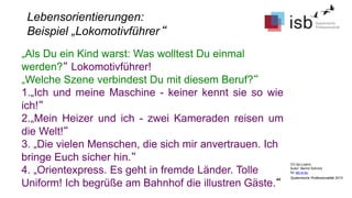 CC-by-Lizenz,
Autor: Bernd Schmid
für isb-w.eu
Systemische Professionalität 2013
„Als Du ein Kind warst: Was wolltest Du einmal
werden?“ Lokomotivführer!
„Welche Szene verbindest Du mit diesem Beruf?“
1.„Ich und meine Maschine - keiner kennt sie so wie
ich!“
2.„Mein Heizer und ich - zwei Kameraden reisen um
die Welt!“
3. „Die vielen Menschen, die sich mir anvertrauen. Ich
bringe Euch sicher hin.“
4. „Orientexpress. Es geht in fremde Länder. Tolle
Uniform! Ich begrüße am Bahnhof die illustren Gäste.“
Lebensorientierungen:
Beispiel „Lokomotivführer“
 