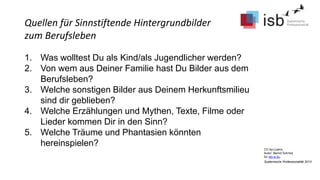 CC-by-Lizenz,
Autor: Bernd Schmid
für isb-w.eu
Systemische Professionalität 2013
1. Was wolltest Du als Kind/als Jugendlicher werden?
2. Von wem aus Deiner Familie hast Du Bilder aus dem
Berufsleben?
3. Welche sonstigen Bilder aus Deinem Herkunftsmilieu
sind dir geblieben?
4. Welche Erzählungen und Mythen, Texte, Filme oder
Lieder kommen Dir in den Sinn?
5. Welche Träume und Phantasien könnten
hereinspielen?
Quellen für Sinnstiftende Hintergrundbilder
zum Berufsleben
 