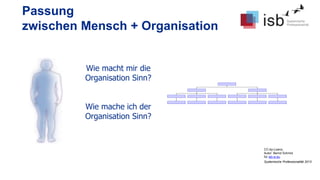 CC-by-Lizenz,
Autor: Bernd Schmid
für isb-w.eu
Systemische Professionalität 2013
Passung
zwischen Mensch + Organisation
Wie macht mir die
Organisation Sinn?
Wie mache ich der
Organisation Sinn?
 