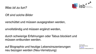 CC-by-Lizenz,
Autor: Bernd Schmid
für isb-w.eu
Systemische Professionalität 2013
Oft sind solche Bilder
verschüttet und müssen ausgegraben werden,
unvollständig und müssen ergänzt werden,
durch schwierige Erfahrungen oder Tabus blockiert und
müssen entbunden werden.
auf Biographie und heutige Lebensinszenierungen
neu bezogen werden (Neu-Vernetzung)
Was ist zu tun?
 