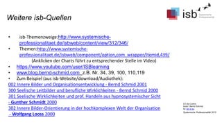 CC-by-Lizenz,
Autor: Bernd Schmid
für isb-w.eu
Systemische Professionalität 2013
Weitere isb-Quellen
• isb-Themenzweige:http://www.systemische-
professionalitaet.de/isbweb/content/view/312/346/
• Themen:http://www.systemische-
professionalitaet.de/isbweb/component/option,com_wrapper/Itemid,439/
(Anklicken der Charts führt zu entsprechender Stelle im Video)
• https://www.youtube.com/user/ISBlearning
• www.blog.bernd-schmid.com z.B. Nr. 34, 39, 100, 110,119
• Zum Beispiel (aus isb-Website/download/Audiothek):
002 Innere Bilder und Organisationsentwicklung - Bernd Schmid 2001
300 Seelische Leitbilder und berufliche Wirklichkeiten - Bernd Schmid 2000
301 Seelische Wirklichkeiten und prof. Handeln aus hypnosystemischer Sicht
- Gunther Schmidt 2000
302 Innere Bilder-Orientierung in der hochkomplexen Welt der Organisation
- Wolfgang Looss 2000
 