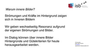 CC-by-Lizenz,
Autor: Bernd Schmid
für isb-w.eu
Systemische Professionalität 2013
Strömungen und Kräfte im Hintergrund zeigen
sich in Inneren Bildern
Wir geben wechselseitig Resonanz aufgrund
der eigenen Strömungen und Bilder.
Im Dialog können über innere Bilder
Hintergründe und Gütekriterien für heute
herausgearbeitet werden.
Warum innere Bilder?
 