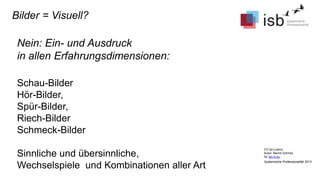 CC-by-Lizenz,
Autor: Bernd Schmid
für isb-w.eu
Systemische Professionalität 2013
Bilder = Visuell?
Nein: Ein- und Ausdruck
in allen Erfahrungsdimensionen:
Schau-Bilder
Hör-Bilder,
Spür-Bilder,
Riech-Bilder
Schmeck-Bilder
Sinnliche und übersinnliche,
Wechselspiele und Kombinationen aller Art
 
