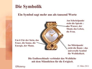 Die Symbolik Am Scheitelpunkt steht die Spirale : das Wasser, der Mond, das Leben, die Frau. Im Mittelpunkt steht die Raute : das universelle Symbol für Weiblichkeit. Um 6 Uhr der Stein, das Feuer, die Sonne, die Energie, der Mann. Ein Symbol sagt mehr aus als tausend Worte Die Endlosschlaufe verbindet das Weibliche  mit dem Männlichen für die Ewigkeit. 15. März 2011 Efficiency 
