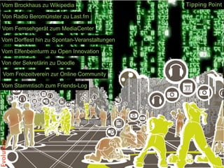 Vom Brockhaus zu Wikipedia                    Tipping Point

   Von Radio Beromünster zu Last.fm

   Vom Fernsehgerät zum MediaCenter

  Vom Dorffest hin zu Spontan-Veranstaltungen

  Vom Elfenbeinturm zu Open Innovation

  Von der Sekretärin zu Doodle

    Vom Freizeitverein zur Online Community

  Vom Stammtisch zum Friends-Log
Evolution
 