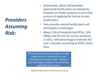 Providers
Assuming
Risk:
• Nationwide, about 120 provider-
sponsored health plans are owned by
hospitals or health systems...