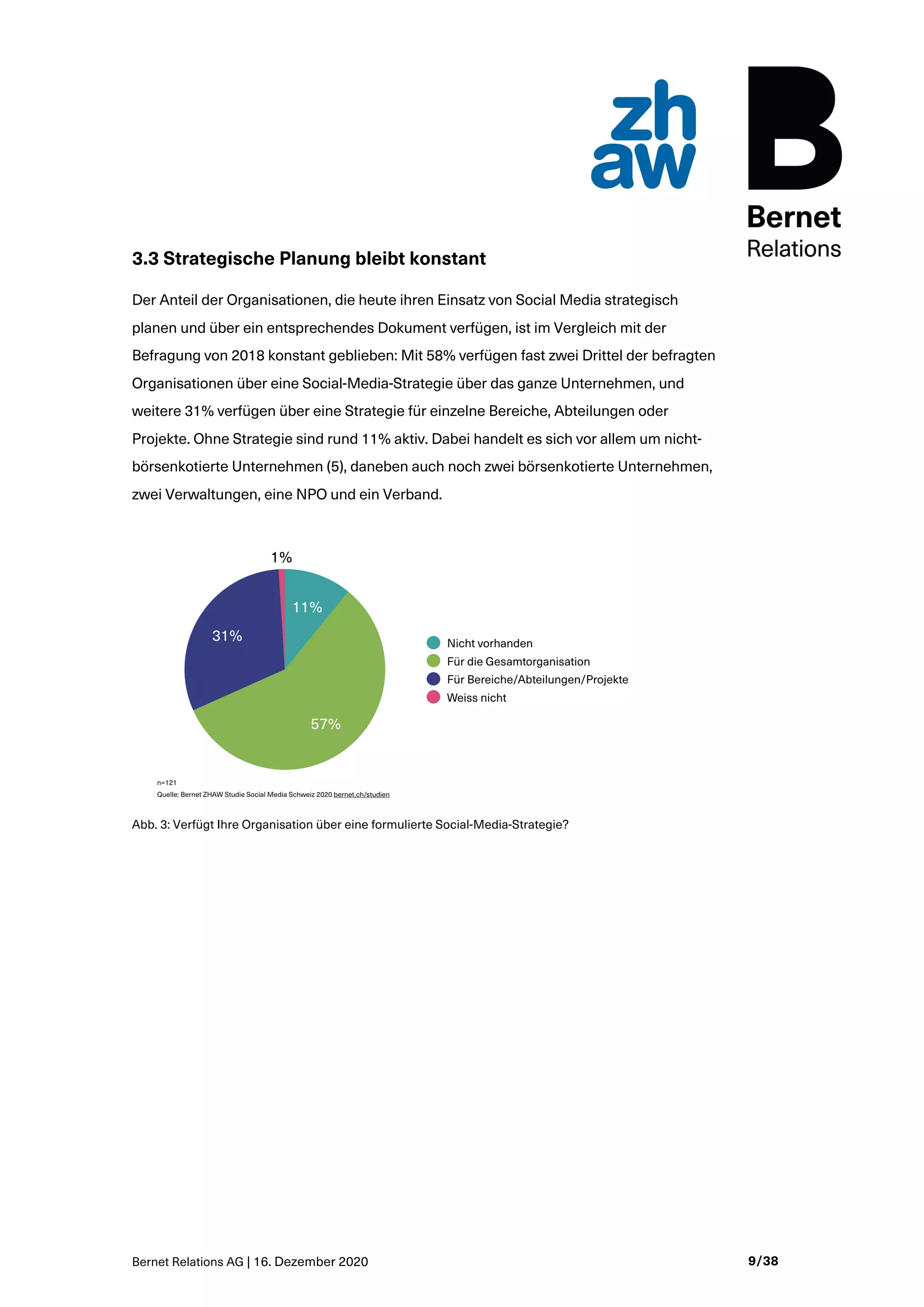 Bernet Relations AG | 16. Dezember 2020 9/38
3.3 Strategische Planung bleibt konstant
Der Anteil der Organisationen, die heute ihren Einsatz von Social Media strategisch
planen und über ein entsprechendes Dokument verfügen, ist im Vergleich mit der
Befragung von 2018 konstant geblieben: Mit 58% verfügen fast zwei Drittel der befragten
Organisationen über eine Social-Media-Strategie über das ganze Unternehmen, und
weitere 31% verfügen über eine Strategie für einzelne Bereiche, Abteilungen oder
Projekte. Ohne Strategie sind rund 11% aktiv. Dabei handelt es sich vor allem um nicht-
börsenkotierte Unternehmen (5), daneben auch noch zwei börsenkotierte Unternehmen,
zwei Verwaltungen, eine NPO und ein Verband.
Abb. 3: Verfügt Ihre Organisation über eine formulierte Social-Media-Strategie?
 