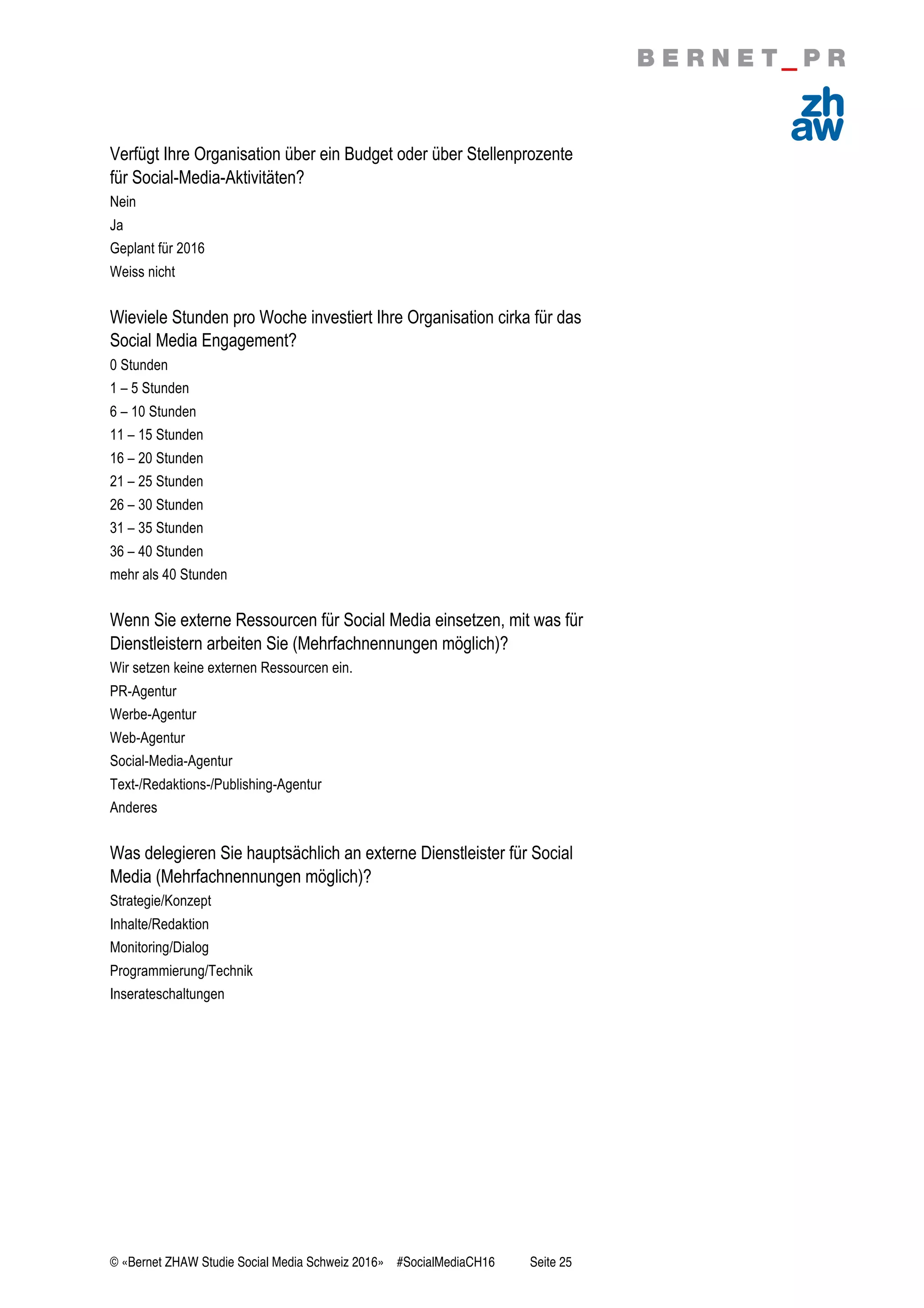 © «Bernet ZHAW Studie Social Media Schweiz 2016» #SocialMediaCH16 Seite 25
Verfügt Ihre Organisation über ein Budget oder über Stellenprozente
für Social-Media-Aktivitäten?
Nein
Ja
Geplant für 2016
Weiss nicht
Wieviele Stunden pro Woche investiert Ihre Organisation cirka für das
Social Media Engagement?
0 Stunden
1 – 5 Stunden
6 – 10 Stunden
11 – 15 Stunden
16 – 20 Stunden
21 – 25 Stunden
26 – 30 Stunden
31 – 35 Stunden
36 – 40 Stunden
mehr als 40 Stunden
Wenn Sie externe Ressourcen für Social Media einsetzen, mit was für
Dienstleistern arbeiten Sie (Mehrfachnennungen möglich)?
Wir setzen keine externen Ressourcen ein.
PR-Agentur
Werbe-Agentur
Web-Agentur
Social-Media-Agentur
Text-/Redaktions-/Publishing-Agentur
Anderes
Was delegieren Sie hauptsächlich an externe Dienstleister für Social
Media (Mehrfachnennungen möglich)?
Strategie/Konzept
Inhalte/Redaktion
Monitoring/Dialog
Programmierung/Technik
Inserateschaltungen
 