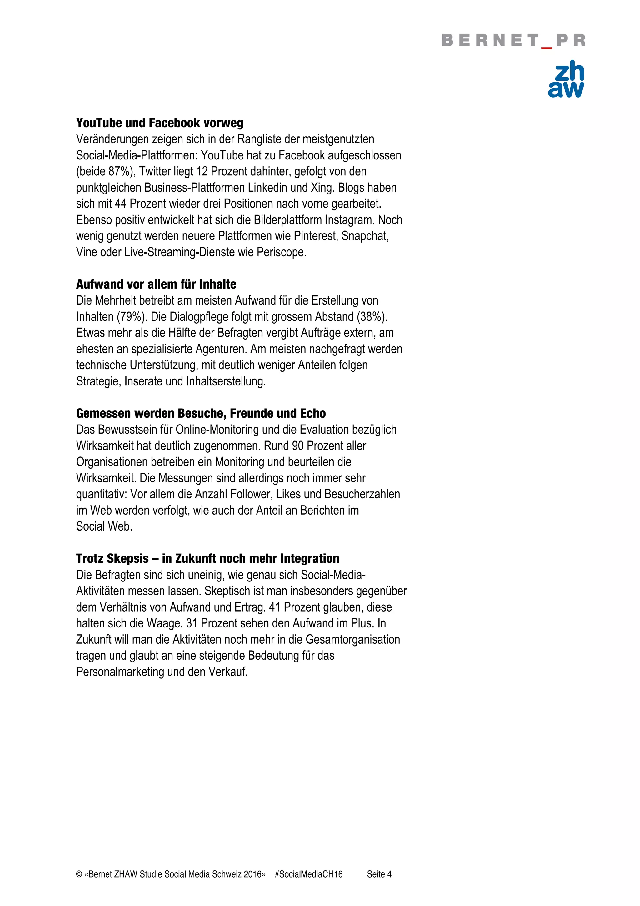 © «Bernet ZHAW Studie Social Media Schweiz 2016» #SocialMediaCH16 Seite 4
YouTube und Facebook vorweg
Veränderungen zeigen sich in der Rangliste der meistgenutzten
Social-Media-Plattformen: YouTube hat zu Facebook aufgeschlossen
(beide 87%), Twitter liegt 12 Prozent dahinter, gefolgt von den
punktgleichen Business-Plattformen Linkedin und Xing. Blogs haben
sich mit 44 Prozent wieder drei Positionen nach vorne gearbeitet.
Ebenso positiv entwickelt hat sich die Bilderplattform Instagram. Noch
wenig genutzt werden neuere Plattformen wie Pinterest, Snapchat,
Vine oder Live-Streaming-Dienste wie Periscope.
Aufwand vor allem für Inhalte
Die Mehrheit betreibt am meisten Aufwand für die Erstellung von
Inhalten (79%). Die Dialogpflege folgt mit grossem Abstand (38%).
Etwas mehr als die Hälfte der Befragten vergibt Aufträge extern, am
ehesten an spezialisierte Agenturen. Am meisten nachgefragt werden
technische Unterstützung, mit deutlich weniger Anteilen folgen
Strategie, Inserate und Inhaltserstellung.
Gemessen werden Besuche, Freunde und Echo
Das Bewusstsein für Online-Monitoring und die Evaluation bezüglich
Wirksamkeit hat deutlich zugenommen. Rund 90 Prozent aller
Organisationen betreiben ein Monitoring und beurteilen die
Wirksamkeit. Die Messungen sind allerdings noch immer sehr
quantitativ: Vor allem die Anzahl Follower, Likes und Besucherzahlen
im Web werden verfolgt, wie auch der Anteil an Berichten im
Social Web.
Trotz Skepsis – in Zukunft noch mehr Integration
Die Befragten sind sich uneinig, wie genau sich Social-Media-
Aktivitäten messen lassen. Skeptisch ist man insbesonders gegenüber
dem Verhältnis von Aufwand und Ertrag. 41 Prozent glauben, diese
halten sich die Waage. 31 Prozent sehen den Aufwand im Plus. In
Zukunft will man die Aktivitäten noch mehr in die Gesamtorganisation
tragen und glaubt an eine steigende Bedeutung für das
Personalmarketing und den Verkauf.
 
