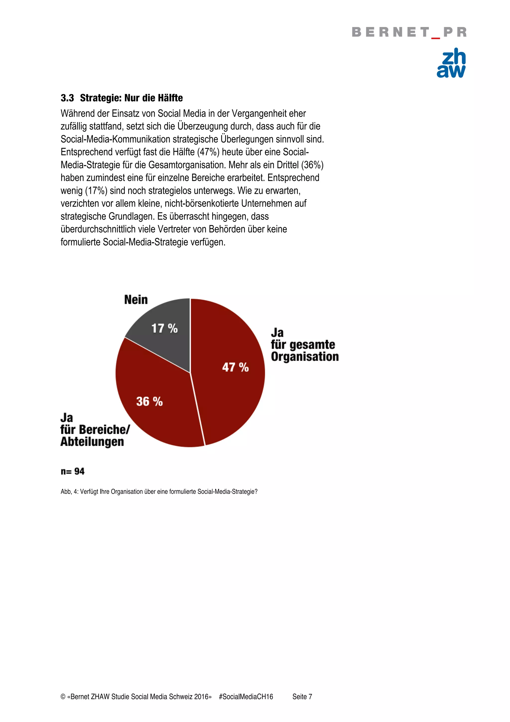 © «Bernet ZHAW Studie Social Media Schweiz 2016» #SocialMediaCH16 Seite 7
3.3 Strategie: Nur die Hälfte
Während der Einsatz von Social Media in der Vergangenheit eher
zufällig stattfand, setzt sich die Überzeugung durch, dass auch für die
Social-Media-Kommunikation strategische Überlegungen sinnvoll sind.
Entsprechend verfügt fast die Hälfte (47%) heute über eine Social-
Media-Strategie für die Gesamtorganisation. Mehr als ein Drittel (36%)
haben zumindest eine für einzelne Bereiche erarbeitet. Entsprechend
wenig (17%) sind noch strategielos unterwegs. Wie zu erwarten,
verzichten vor allem kleine, nicht-börsenkotierte Unternehmen auf
strategische Grundlagen. Es überrascht hingegen, dass
überdurchschnittlich viele Vertreter von Behörden über keine
formulierte Social-Media-Strategie verfügen.
Abb, 4: Verfügt Ihre Organisation über eine formulierte Social-Media-Strategie?
 