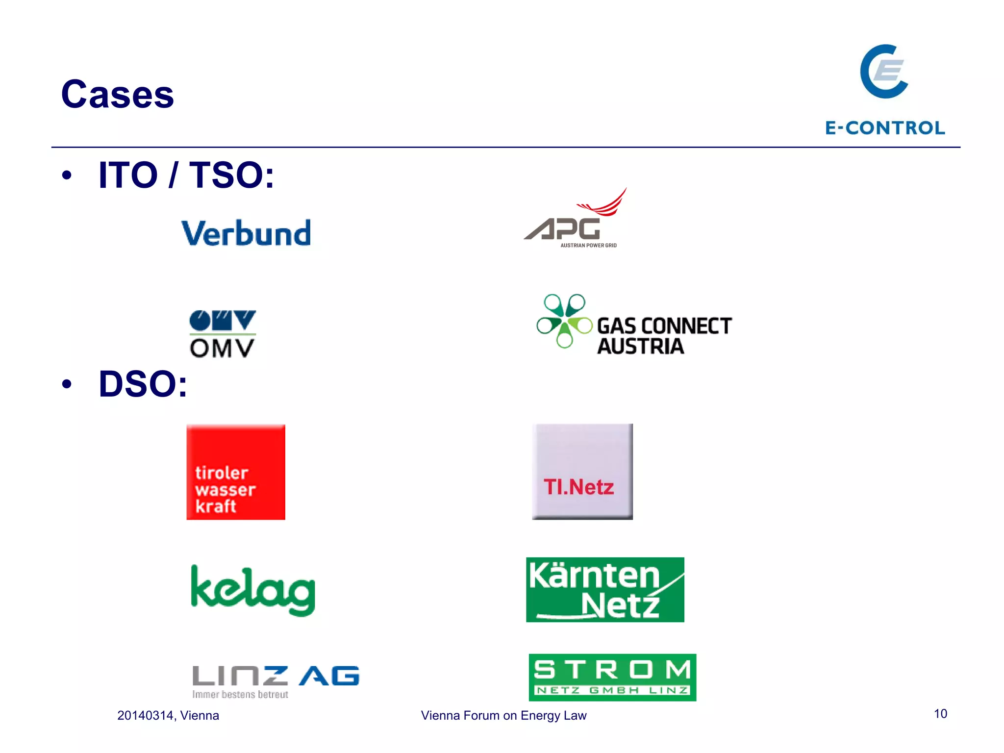 Cases
• ITO / TSO:
• DSO:
1020140314, Vienna Vienna Forum on Energy Law
 