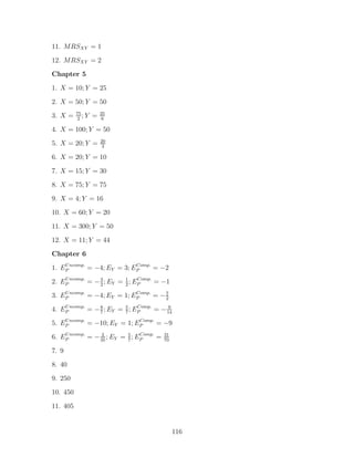 11. MRSXY = 1
12. MRSXY = 2
Chapter 5
1. X = 10; Y = 25

2. X = 50; Y = 50
          75          25
3. X =    2
             ;Y   =    6

4. X = 100; Y = 50
                      20
5. X = 20; Y =         3

6. X = 20; Y = 10

7. X = 15; Y = 30
8. X = 75; Y = 75
9. X = 4; Y = 16
10. X = 60; Y = 20

11. X = 300; Y = 50
12. X = 11; Y = 44
Chapter 6
1. EP ncomp. = −4; EY = 3; EP
    U                       Comp.
                                  = −2

2. EP ncomp. = − 3 ; EY = 1 ; EP
    U
                 2        2
                               Comp.
                                     = −1
3. EP ncomp. = −4; EY = 1; EP
    U                       Comp.
                                  = −7
                                     2

4. EP ncomp. = − 8 ; EY = 5 ; EP
    U
                 7        7
                               Comp.      9
                                     = − 14
5. EP ncomp. = −10; EY = 1; EP
    U                        Comp.
                                   = −9
6. EP ncomp. = − 35 ; EY = 5 ; EP
    U             2
                           7
                                Comp.
                                      =   31
                                          70

7. 9
8. 40
9. 250
10. 450

11. 405


                                               116
 