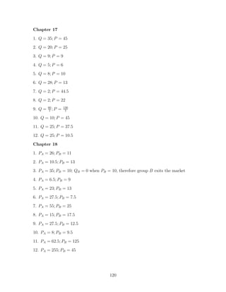 Chapter 17
1. Q = 35; P = 45
2. Q = 20; P = 25
3. Q = 9; P = 9

4. Q = 5; P = 6
5. Q = 8; P = 10
6. Q = 28; P = 13
7. Q = 2; P = 44.5
8. Q = 2; P = 22
         60          130
9. Q =    7
            ;P   =    7

10. Q = 10; P = 45
11. Q = 25; P = 37.5
12. Q = 25; P = 10.5

Chapter 18
1. PA = 26; PB = 11
2. PA = 10.5; PB = 13
3. PA = 35; PB = 10; QB = 0 when PB = 10, therefore group B exits the market

4. PA = 6.5; PB = 9
5. PA = 23; PB = 13
6. PA = 27.5; PB = 7.5
7. PA = 55; PB = 25
8. PA = 15; PB = 17.5

9. PA = 27.5; PB = 12.5
10. PA = 8; PB = 9.5
11. PA = 62.5; PB = 125
12. PA = 255; PB = 45




                                      120
 