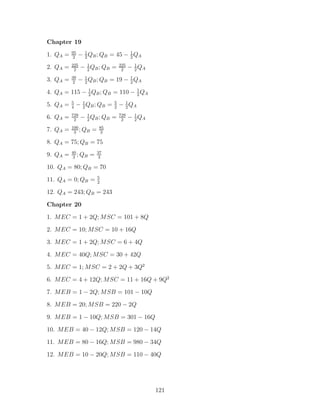 Chapter 19
          95
1. QA =    2
               − 1 QB ; QB = 45 − 1 QA
                 2                2
          225
2. QA =    2
                − 1 QB ; QB =
                  2
                                   225
                                    2
                                         − 1 QA
                                           2
          39
3. QA =    2
               − 1 QB ; QB = 19 − 1 QA
                 2                2

4. QA = 115 − 1 QB ; QB = 110 − 1 QA
              2                 2
          5
5. QA =   4
              − 1 QB ; QB =
                2
                               5
                               2
                                   − 1 QA
                                     2
          729
6. QA =    2
                − 1 QB ; QB =
                  2
                                   729
                                    2
                                         − 1 QA
                                           2
          100             85
7. QA =    3
              ; QB   =    3

8. QA = 75; QB = 75
          40             37
9. QA =    3
             ; QB   =     3

10. QA = 80; QB = 70
                         5
11. QA = 0; QB =         2

12. QA = 243; QB = 243

Chapter 20
1. MEC = 1 + 2Q; MSC = 101 + 8Q
2. MEC = 10; MSC = 10 + 16Q
3. MEC = 1 + 2Q; MSC = 6 + 4Q

4. MEC = 40Q; MSC = 30 + 42Q
5. MEC = 1; MSC = 2 + 2Q + 3Q2
6. MEC = 4 + 12Q; MSC = 11 + 16Q + 9Q2
7. MEB = 1 − 2Q; MSB = 101 − 10Q
8. MEB = 20; MSB = 220 − 2Q

9. MEB = 1 − 10Q; MSB = 301 − 16Q
10. MEB = 40 − 12Q; MSB = 120 − 14Q
11. MEB = 80 − 16Q; MSB = 980 − 34Q
12. MEB = 10 − 20Q; MSB = 110 − 40Q




                                                  121
 