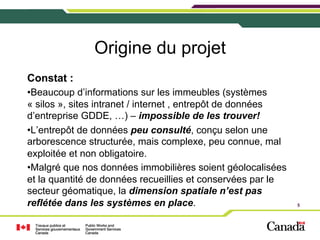 Origine du projet
Constat :
• Beaucoup d’informations sur les immeubles (systèmes
« silos », sites intranet / internet , entrepôt de données
d’entreprise GDDE, …) – impossible de les trouver!
• L’entrepôt de données peu consulté, conçu selon une
arborescence structurée, mais complexe, peu connue, mal
exploitée et non obligatoire.
• Malgré que nos données immobilières soient géolocalisées
et la quantité de données recueillies et conservées par le
secteur géomatique, la dimension spatiale n’est pas
reflétée dans les systèmes en place.

5

 