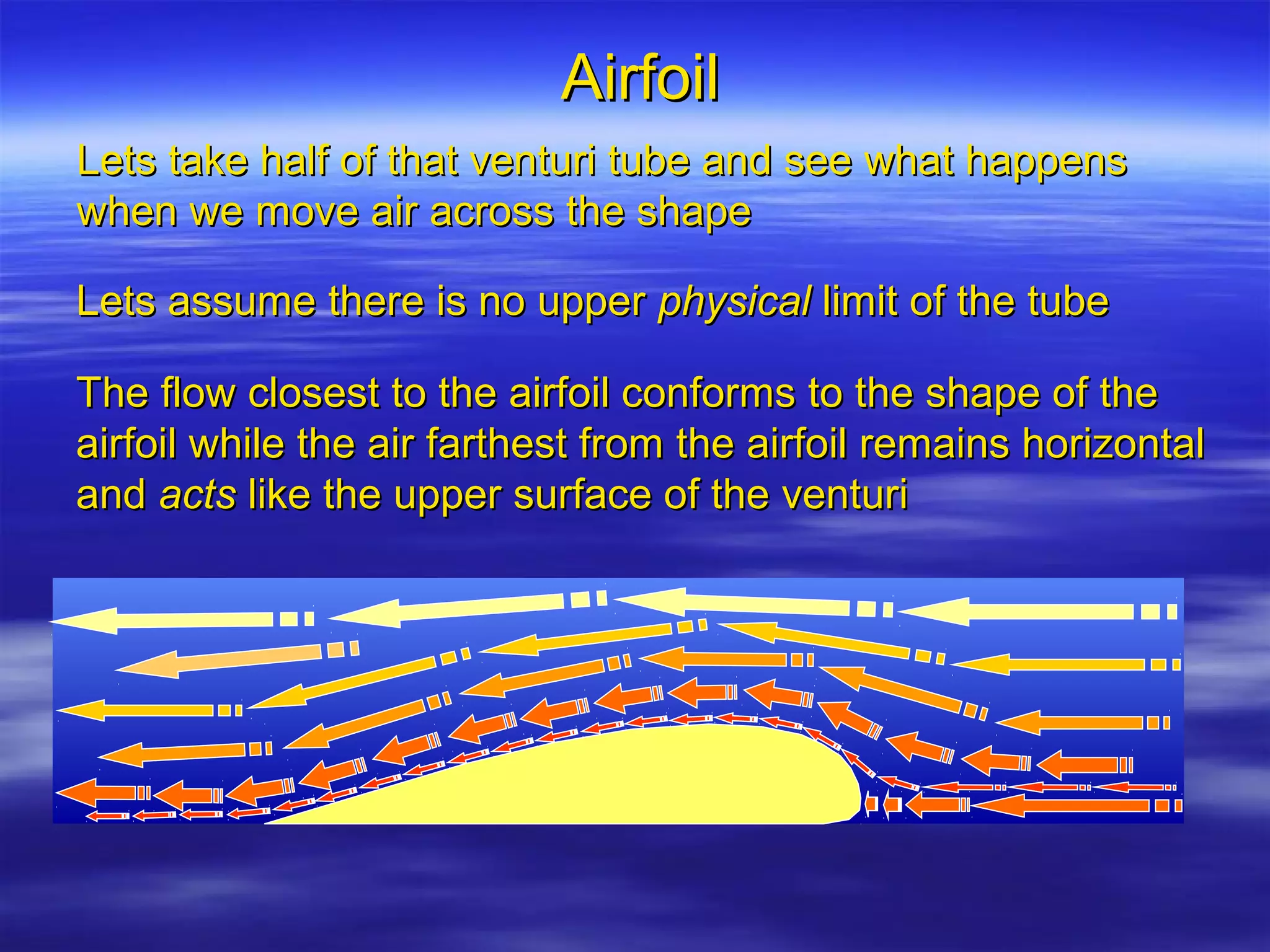 Airfoil
Lets take half of that venturi tube and see what happens
when we move air across the shape

Lets assume there is no upper physical limit of the tube

The flow closest to the airfoil conforms to the shape of the
airfoil while the air farthest from the airfoil remains horizontal
and acts like the upper surface of the venturi
 
