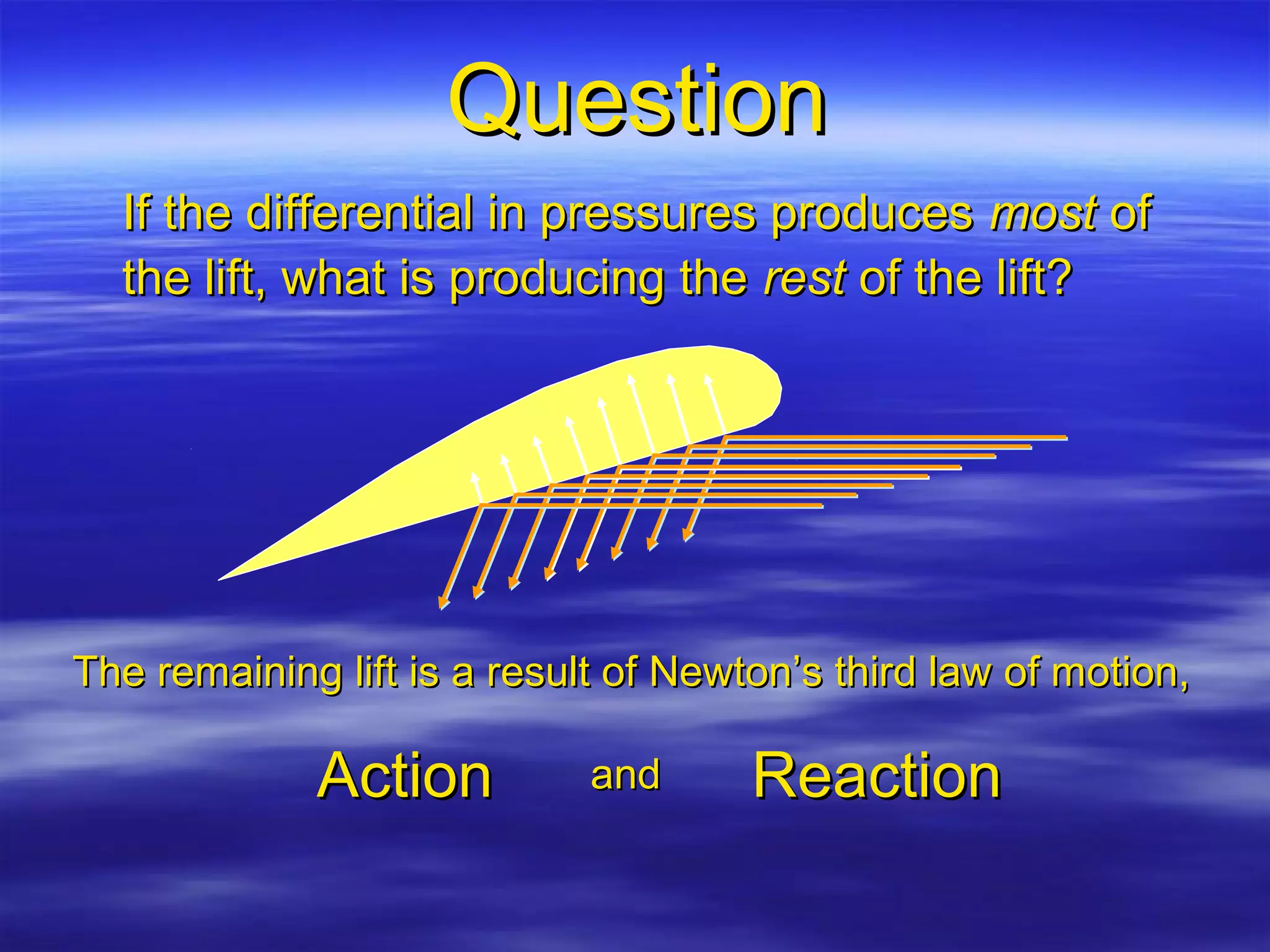 Question
  If the differential in pressures produces most of
  the lift, what is producing the rest of the lift?




The remaining lift is a result of Newton’s third law of motion,

             Action          and      Reaction
 