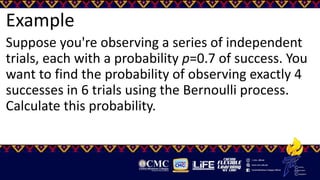 Example
Suppose you're observing a series of independent
trials, each with a probability p=0.7 of success. You
want to find the probability of observing exactly 4
successes in 6 trials using the Bernoulli process.
Calculate this probability.
 