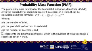 Probability Mass Function (PMF):
The probability mass function for the binomial distribution, denoted as P(X=k),
gives the probability of obtaining exactly k successes in n trials. It can be
calculated using the formula:
Where:
n is the number of trials,
p is the probability of success in each trial,
k is the number of successes, and
represents the binomial coefficient, which is the number of ways to choose k
successes out of n trials.
 