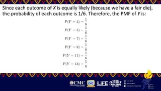 Since each outcome of X is equally likely (because we have a fair die),
the probability of each outcome is 1/6​. Therefore, the PMF of Y is:
 