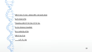 18
●
1 1 2 2dW=F dx -F dx where dW= net work done
●
/As P=F A,F=P*A
●
1 1 1 2Therefore dW=P *A *dx -P *A2*dx2
●
As dx=distance travelled,
●
As v=velocity=A*dx
●
dW=P1dv-P2dv
●
(= P1-P2) *dv
●
 