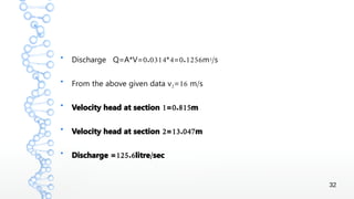 32
●
0.0314 4 0.1256Discharge Q=A*V= * = m3/s
●
From the above given data v2 16 /= m s
●
1 0.815Velocity head at section = m
●
2 13.047Velocity head at section = m
●
125.6 /Discharge = litre sec
 