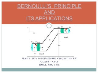 M A D E B Y : D E E P A N S H U C H O W D H A R Y
C L A S S : X I - A
R O L L N O . : 0 5
BERNOULLI’S PRINCIPLE
AND
ITS APPLICATIONS
y1
y2
x1
x2 p2
A2
A1
v1
v2

p1
X
Y
time 1
time 2
m
m
 