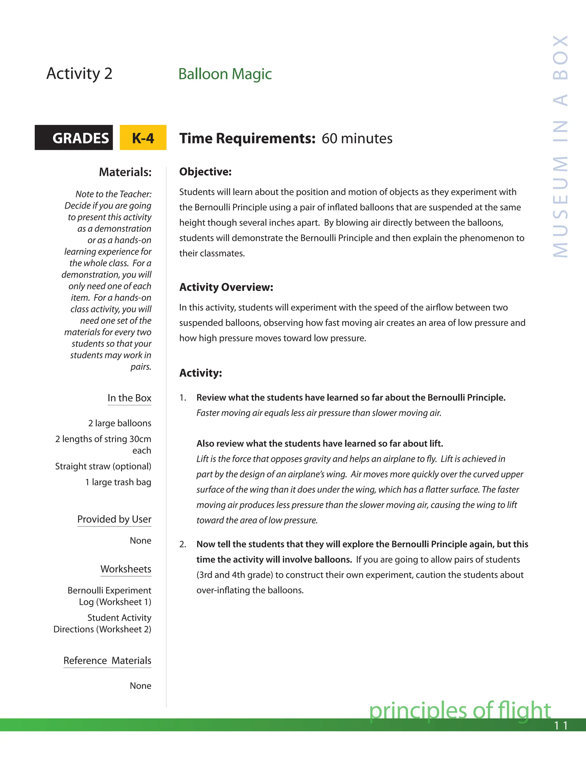 1 1
principles of flight
M
U
S
E
U
M
I
N
A
B
O
X
Activity 2 Balloon Magic
GRADES K-4 Time Requirements: 60 minutes
Materials:
Note to the Teacher:
Decide if you are going
to present this activity
as a demonstration
or as a hands-on
learning experience for
the whole class. For a
demonstration, you will
only need one of each
item. For a hands-on
class activity, you will
need one set of the
materials for every two
students so that your
students may work in
pairs.
In the Box
2 large balloons
2 lengths of string 30cm
each
Straight straw (optional)
1 large trash bag
Provided by User
None
Worksheets
Bernoulli Experiment
Log (Worksheet 1)
Student Activity
Directions (Worksheet 2)
Reference Materials
None
Objective:
Students will learn about the position and motion of objects as they experiment with
the Bernoulli Principle using a pair of inflated balloons that are suspended at the same
height though several inches apart. By blowing air directly between the balloons,
students will demonstrate the Bernoulli Principle and then explain the phenomenon to
their classmates.
Activity Overview:
In this activity, students will experiment with the speed of the airflow between two
suspended balloons, observing how fast moving air creates an area of low pressure and
how high pressure moves toward low pressure.
Activity:
1. Review what the students have learned so far about the Bernoulli Principle.
Faster moving air equals less air pressure than slower moving air.
Also review what the students have learned so far about lift.
Lift is the force that opposes gravity and helps an airplane to fly. Lift is achieved in
part by the design of an airplane’s wing. Air moves more quickly over the curved upper
surface of the wing than it does under the wing, which has a flatter surface. The faster
moving air produces less pressure than the slower moving air, causing the wing to lift
toward the area of low pressure.
2. Now tell the students that they will explore the Bernoulli Principle again, but this
time the activity will involve balloons. If you are going to allow pairs of students
(3rd and 4th grade) to construct their own experiment, caution the students about
over-inflating the balloons.
 