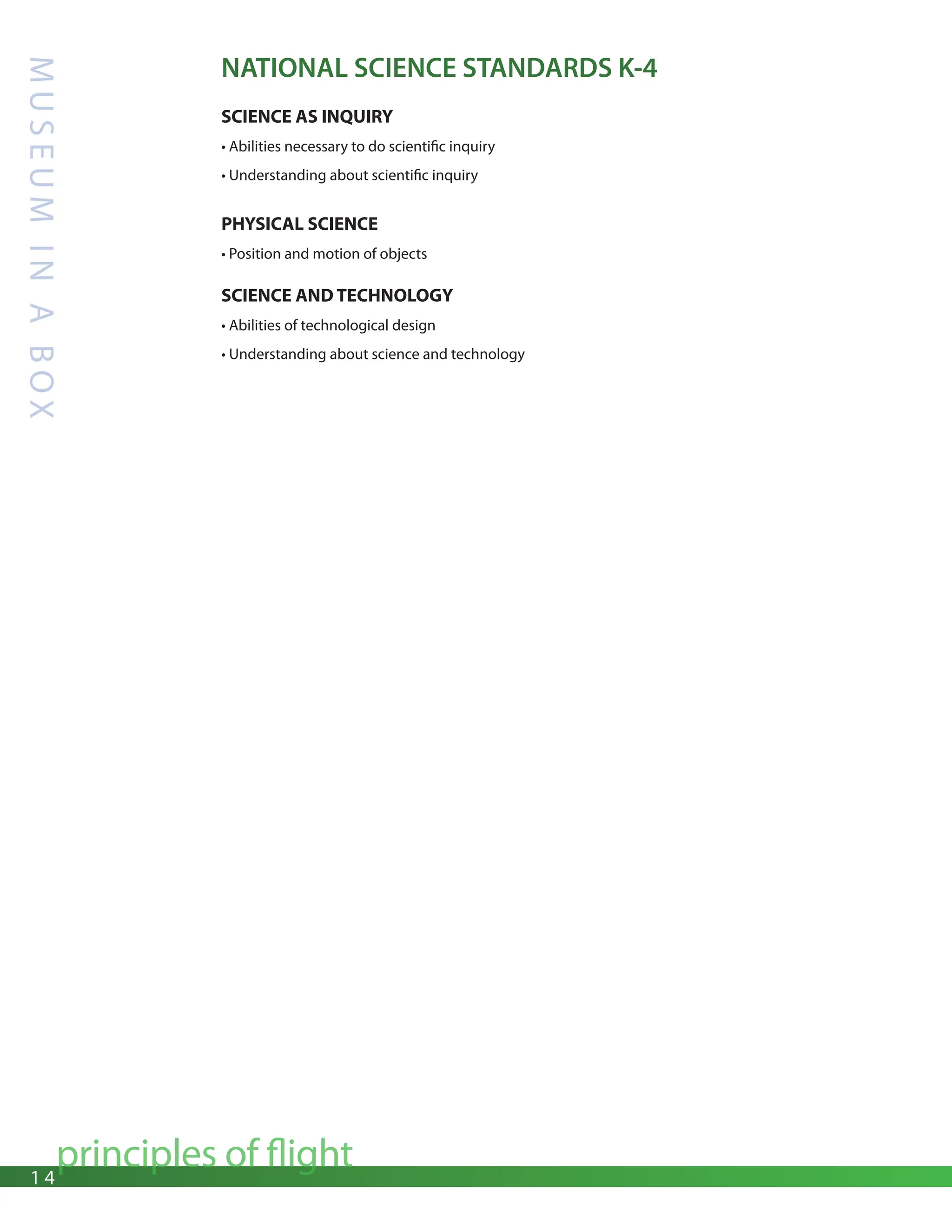1 4
principles of flight
M
U
S
E
U
M
I
N
A
B
O
X
NATIONAL SCIENCE STANDARDS K-4
SCIENCE AS INQUIRY
• Abilities necessary to do scientific inquiry
• Understanding about scientific inquiry
PHYSICAL SCIENCE
• Position and motion of objects
SCIENCE AND TECHNOLOGY
• Abilities of technological design
• Understanding about science and technology
 